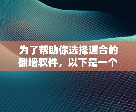 为了帮助你选择适合的翻墙软件，以下是一个分步骤的总结和推荐